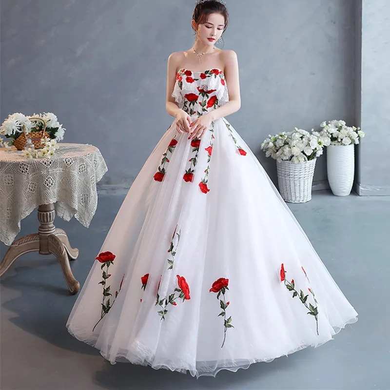 New Strapless Quinceanera Dresses Red Rose Floral Lace Prom Dress Sexy Backless Sleeveless Vestidos CustomMade Suknia Customized