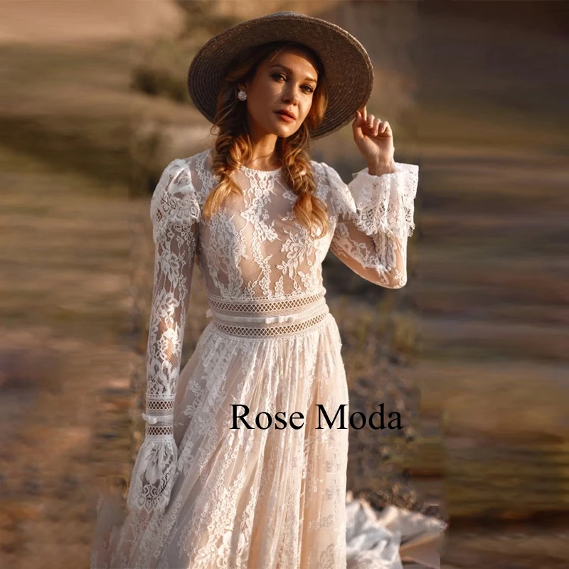 Rose Moda Long Sleeves Lace Boho Wedding Dress Backless Bohemian Bridal Gown Custom Make