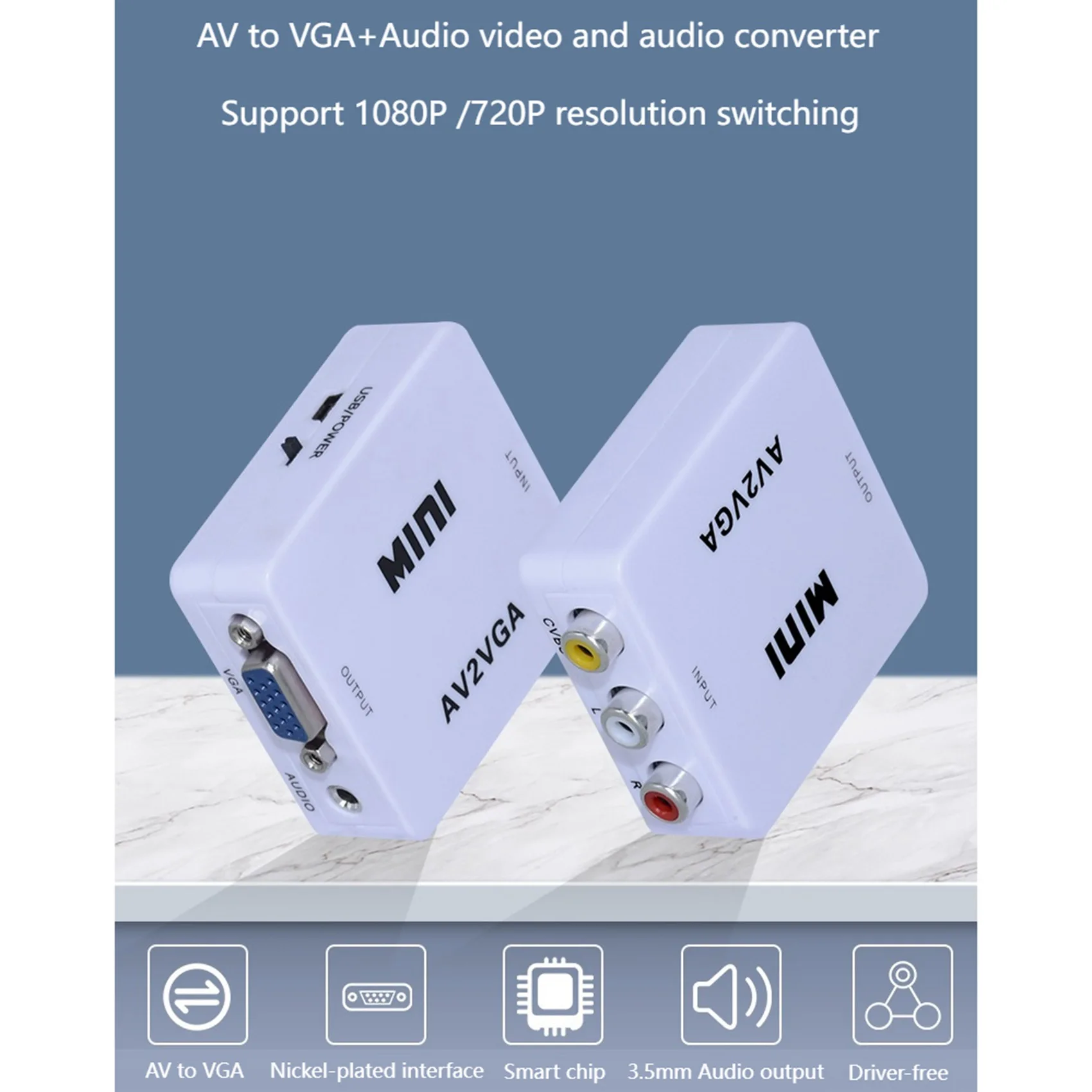 Convertisseur Audio-Vidéo AV (RCA) vers VGA, Prise en Charge de la exposée 1080P /720P, avec Port d'Entrée Audio AUDIO 3.5mm, pour STB TV PC