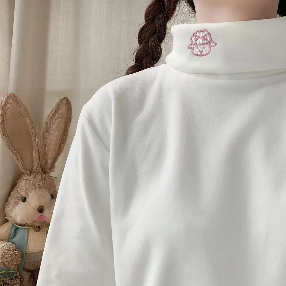 Thickened Fleece High Collar Long Sleeve Women's T-shirt Embroidered Sheep Warm Base Layer Top Korean Style Loose Fit