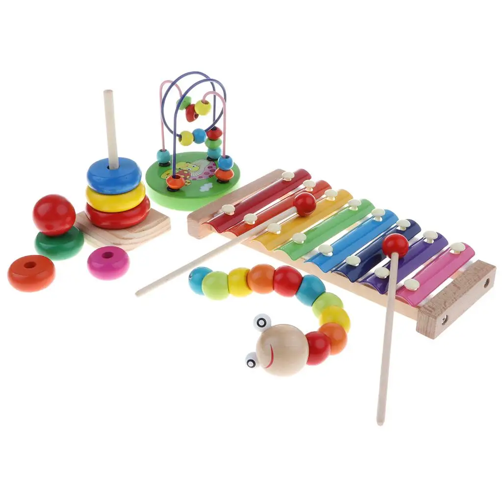 

Set of 4Pcs Wooden Montessori Development for baby - Percussion Xylophone Round Bead Rollercoaster Sensory Teaching Aids Toy #B
