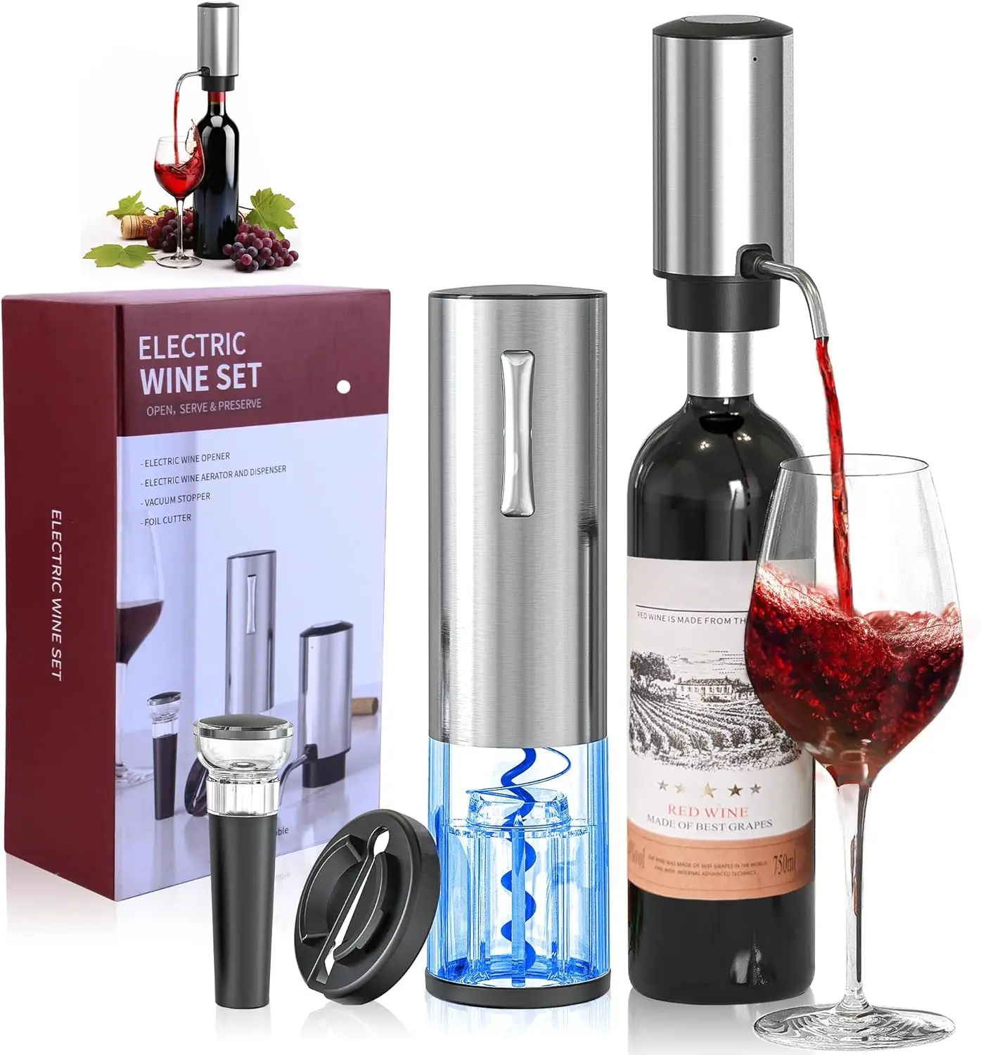 

4-in-1 Rechargeable Electric Wine Opener Wine Aerator Gift Set with Electric Wine Decanter, Stopper, Foil Cutter