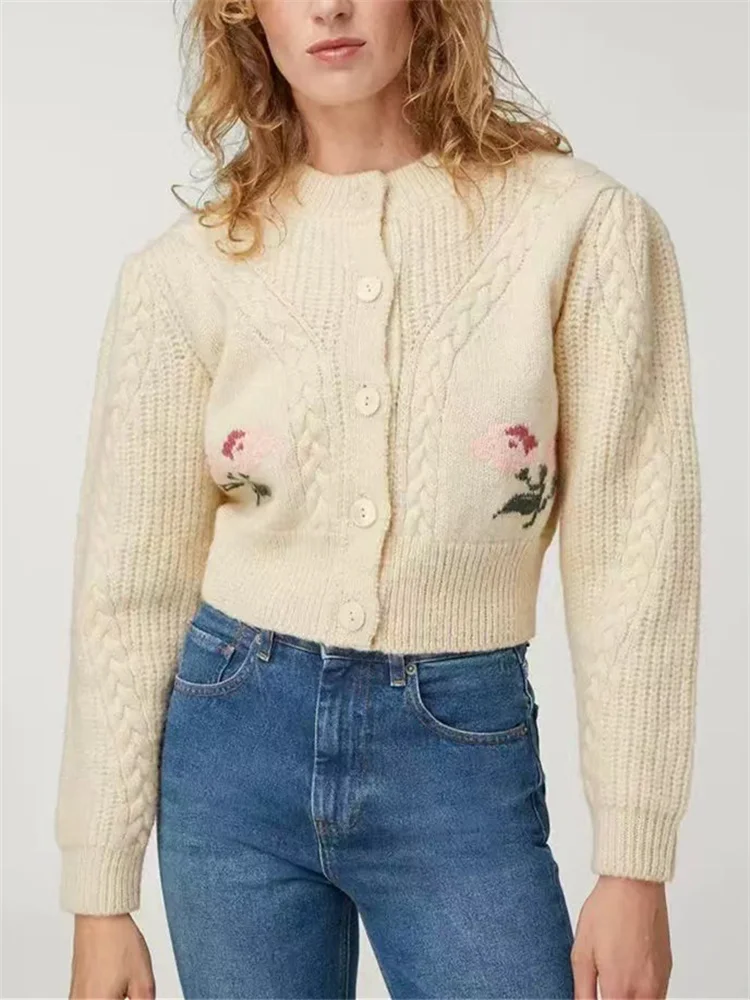 Women Single Breasted Knit Cardigan Long Puff Sleeve Vintage Flower Embroidery Twists Sweater for Ladies Autumn Winter Outwear