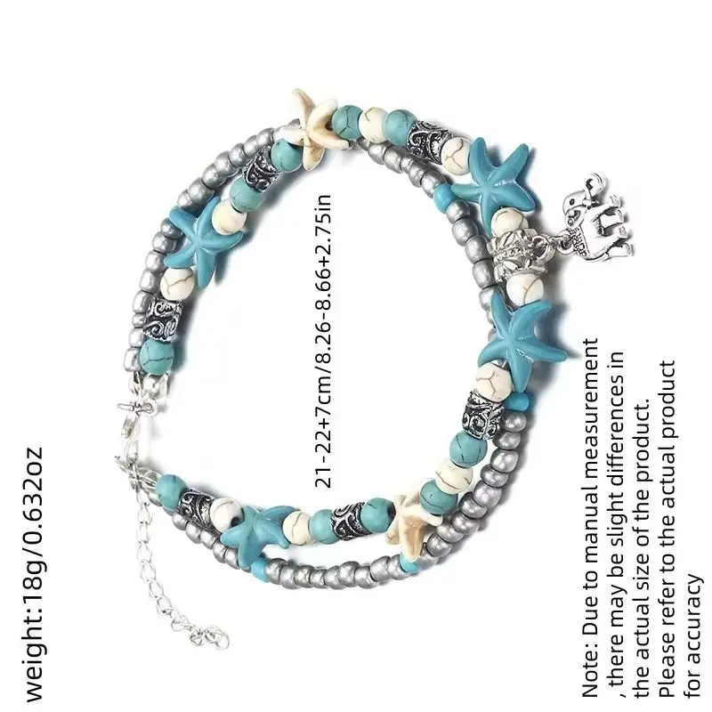 2026 Vintage Turquoise Starfish & Turtle Foot Beaded Hollow Double Anklet Beach Layer Women's Fashion Accessory Valentine's Gift