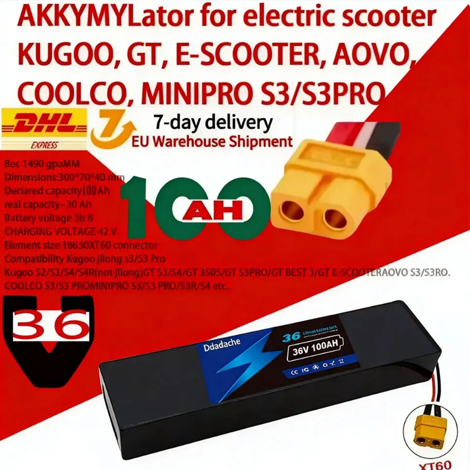 Batteria al Litio Ricaricabile 36V 100Ah, Pacco Batterie 18650 10S3P 1000W, Batteria per Scooter Elettrico 36V Modificata con BMS, XT60 DC 🎀