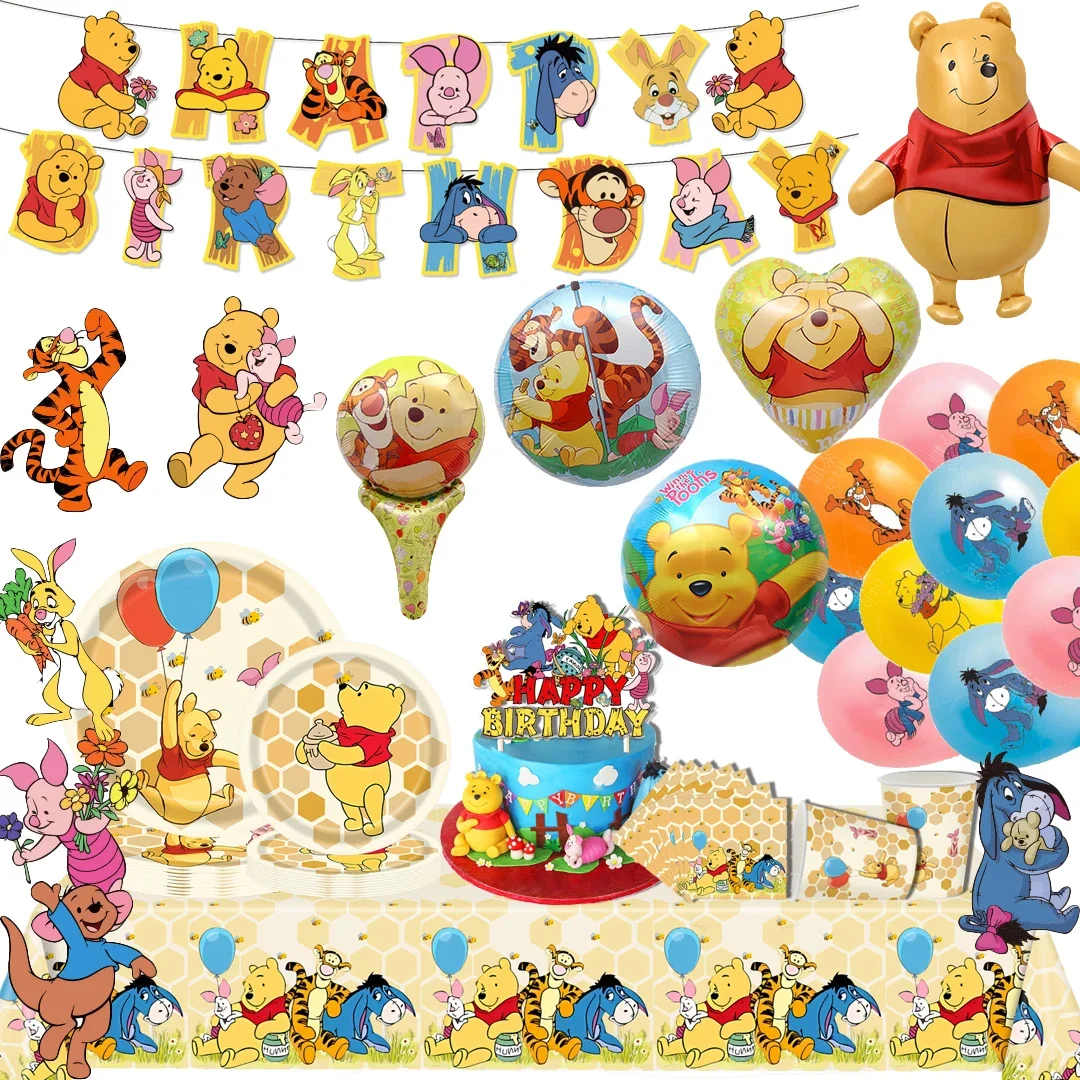 Hot WinniethePooh Birthday Party dinnerware Disposable Banner Cake Topper Hanging Flag WinniethePooh Balloon Birthday Decoration