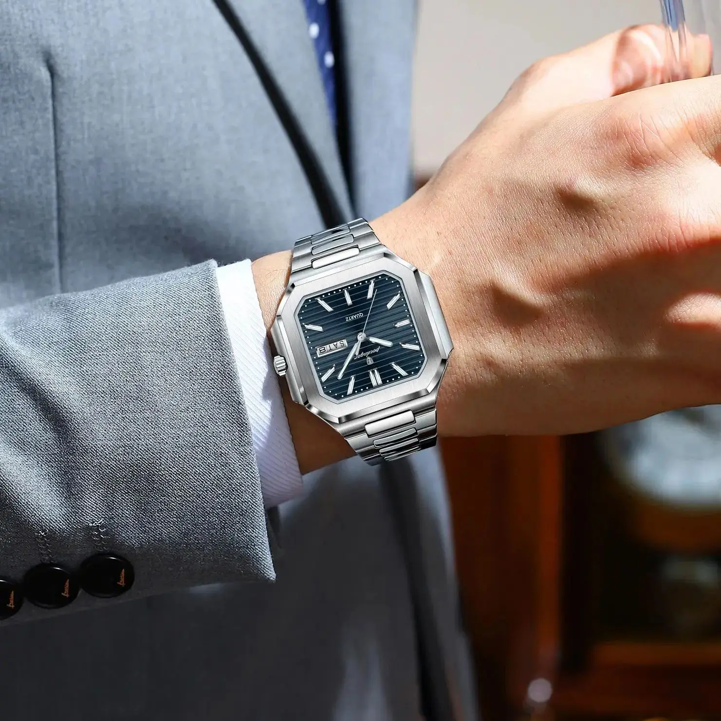 POEDAGAR Orologio da polso da uomo di moda quadrato di lusso impermeabile luminoso data settimana orologi da uomo al quarzo orologio da uomo in acciaio inossidabile Reloj