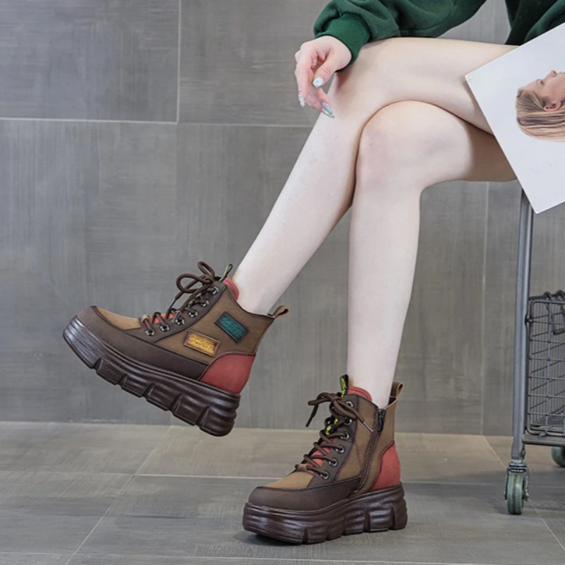Bottines d'hiver à semelle épaisse pour femme, couleurs mélangées, bottes courtes de moto en cuir véritable, talons hauts de 6.5CM, chaussures épaisses pour femme, nouvelle collection