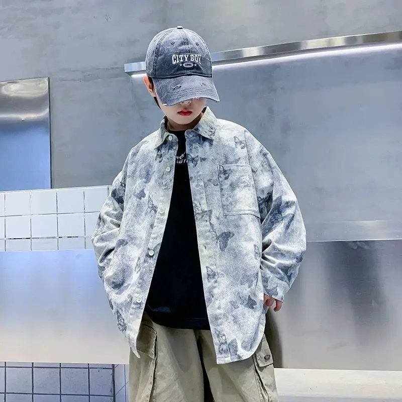 2026 Boys Tie Dye Shirt Jacket Lightweight Casual Outerwear Kids Spring Autumn Loose Fashion Clothing