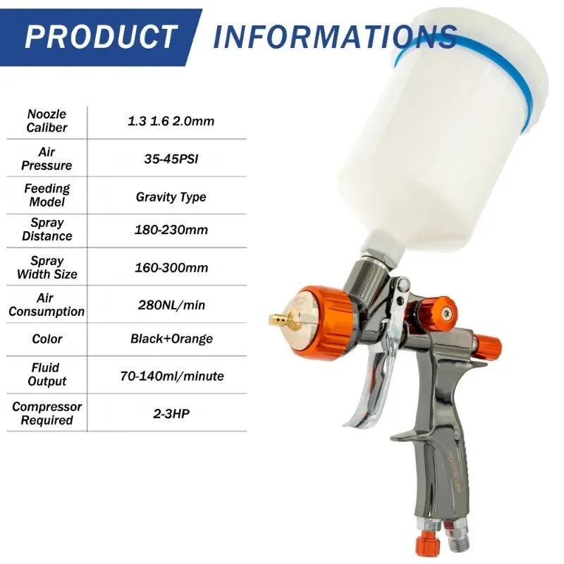 High Quality HVLP Spray Gun For Cars GT80 1.3/1.6/2.0mm Nozzle Automotive Painting Sprayer Water Based Air Spray Gun Airbrush