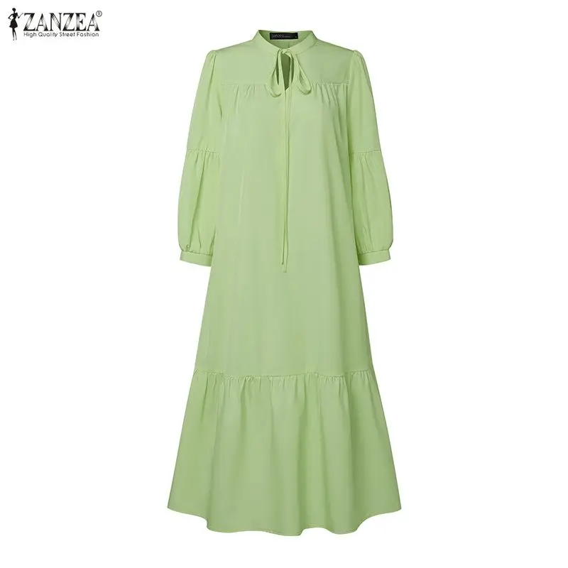 ZANZEA Fashion Long Shirt Dresses Women Elegant OL Office Streetwear Midi Sundress Summer Autumn Puff Sleeve Bandage Party Robe