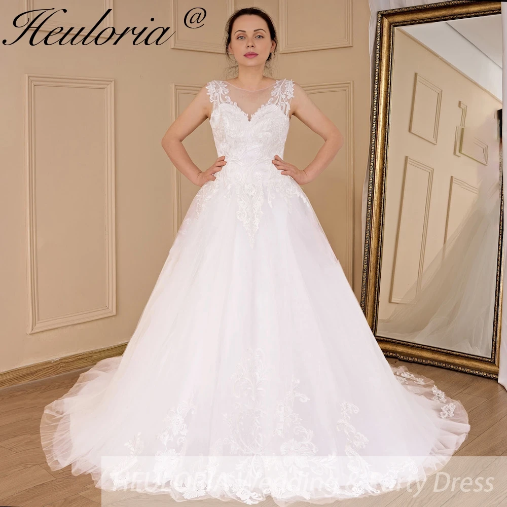 HEULORIA-vestido De novia De línea A, elegante, cuello redondo, apliques De encaje, vestido De novia, tren largo