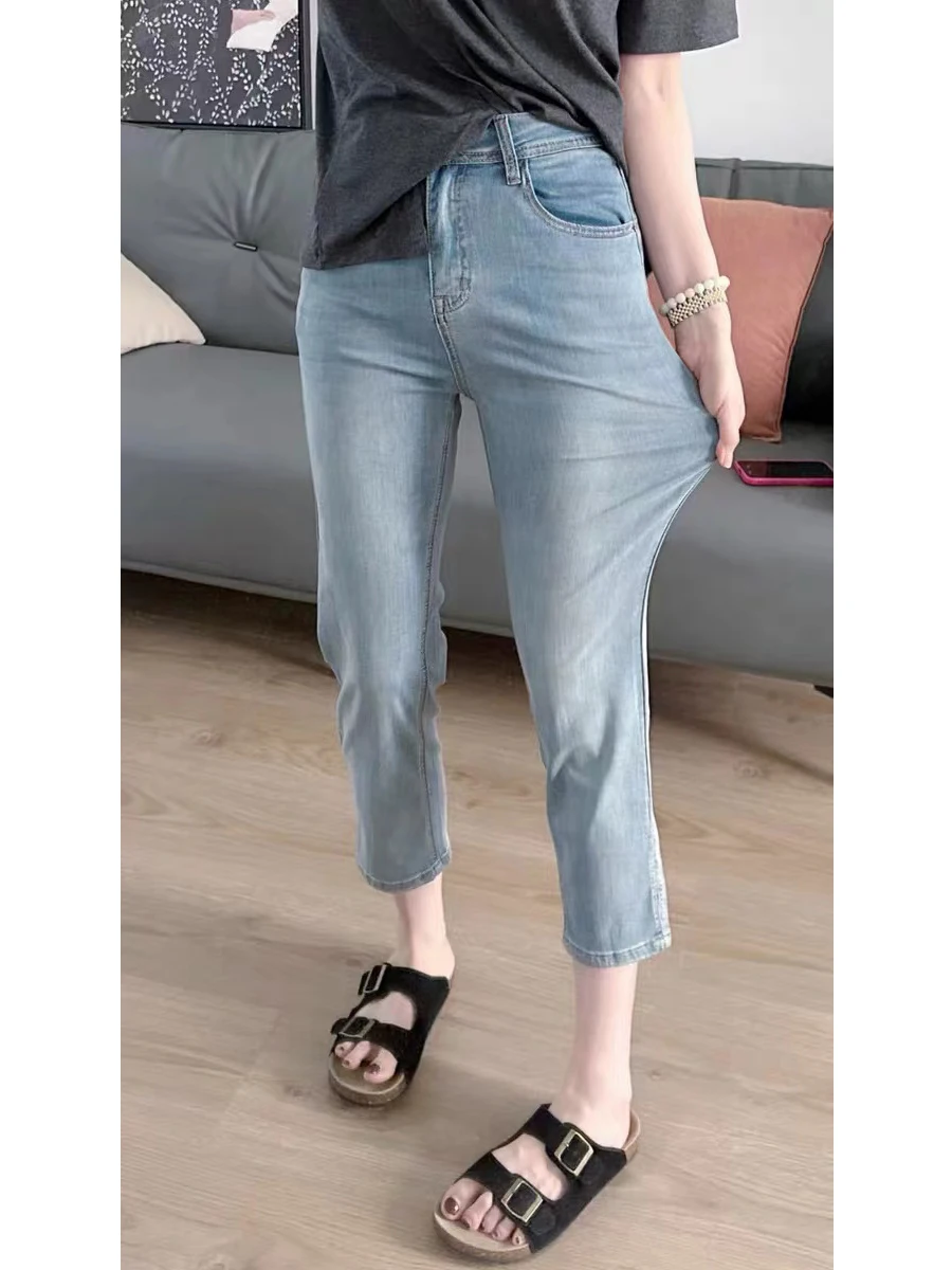 

Large Size Elastic Split Jeans For Women Summer Thin High Waisted Straight Tube Slim Denim Pants All-matched Calf-length Pants