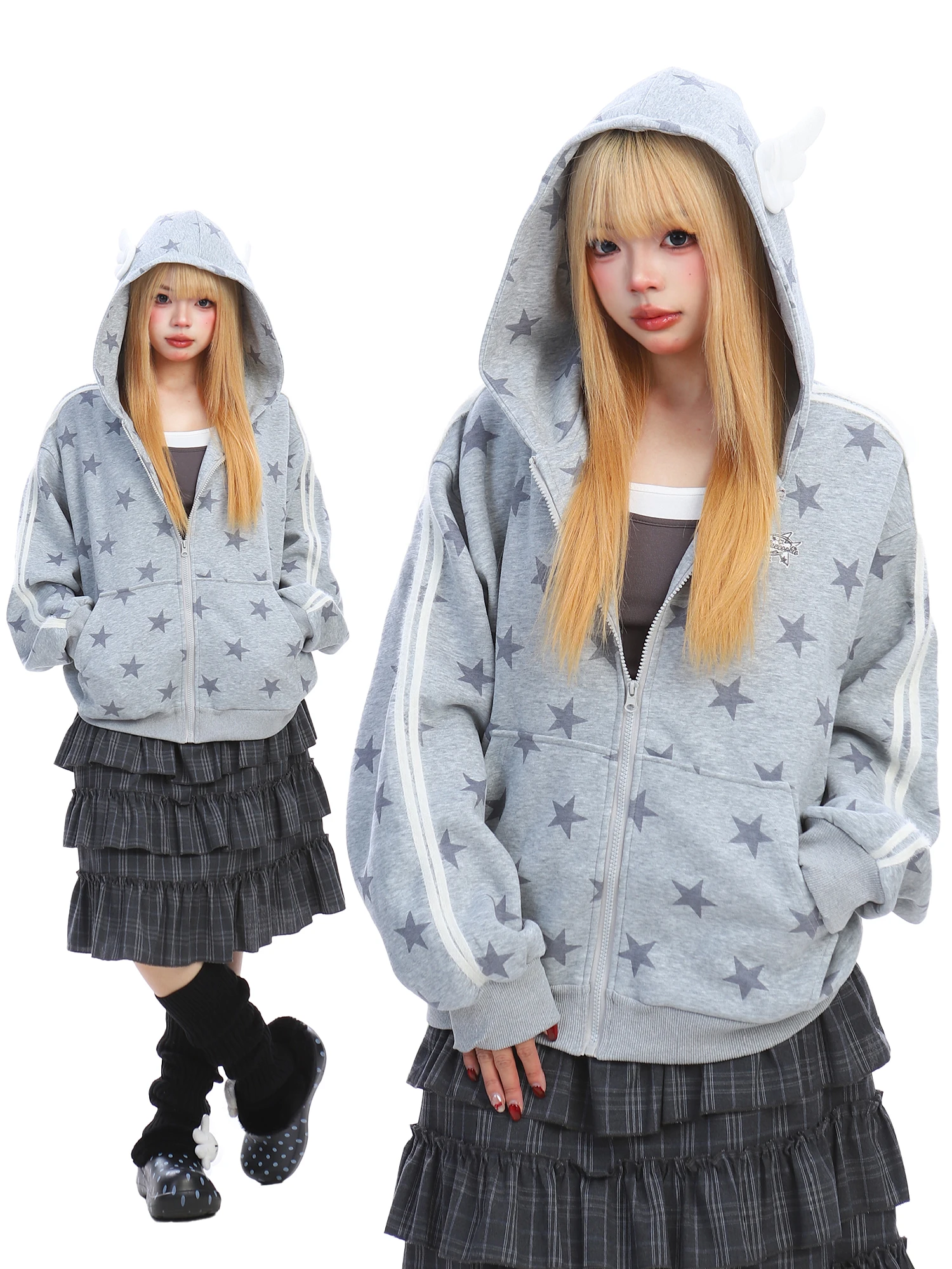 

Женская толстовка BearGirl с ретро-принтом звезд, новая весенняя спортивная свободная утягивающая верхняя одежда из смесового хлопка и полиэстера