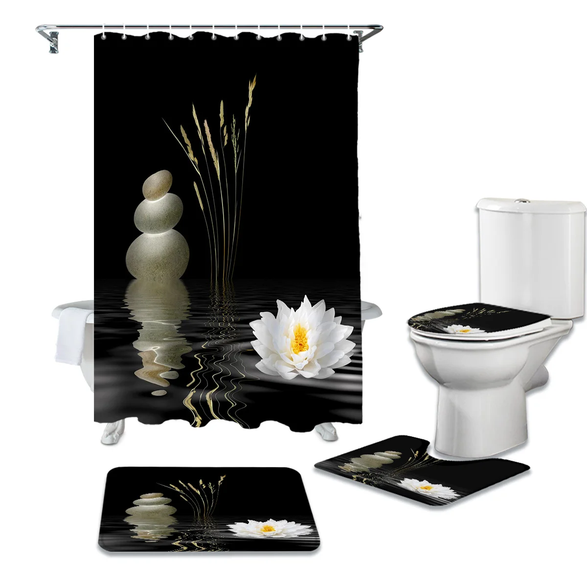 Zen Stones White Lotus Black Shower Curtains Waterproof Bathroom Curtain Toilet Cover Mat Non-Slip Rug Set for Bathtub Decor