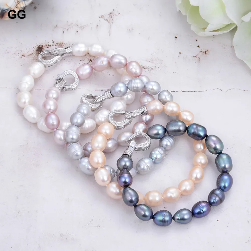 GG 8\'\' 10x12mm Natural Pearl Pink White Gray Black Purple Rice Pearl Bracelet Handmade For Women