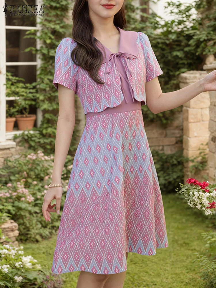 

ZANZEA Vintage Dress Printed Short Seeve Vestidos Lace-Up A-Line Summer Sundress 2025 High Waist Fake 2pcs Set Casual Loose Robe