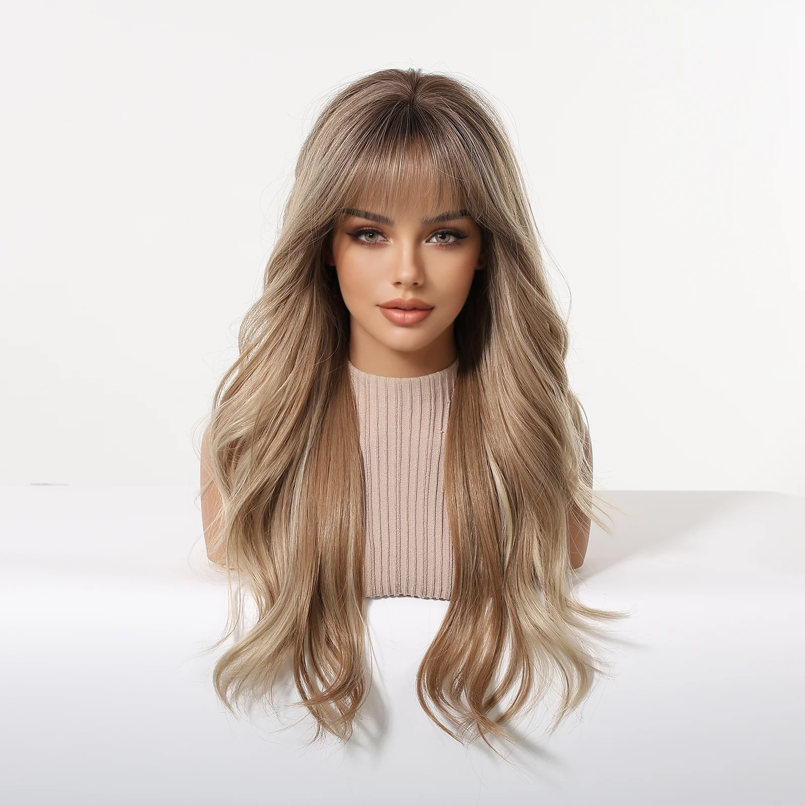 Long Wavy Blonde Wig With Bangs Light Brown Ombre with Black Root Synthetic Heat Resistant Natural Looking For Women Daily Wear