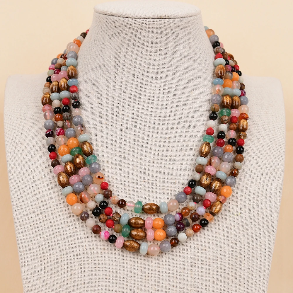 

APDGG NO69 Handmade 4 Rows Natural Mix Stone Jade Coral Agate Gems Multi Strands Necklace