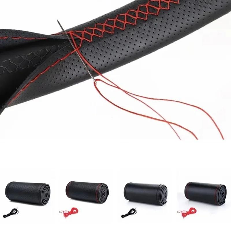 Universal Leather Car Steering Wheel Stitch On Wrap Cover Fit For 38cm 14