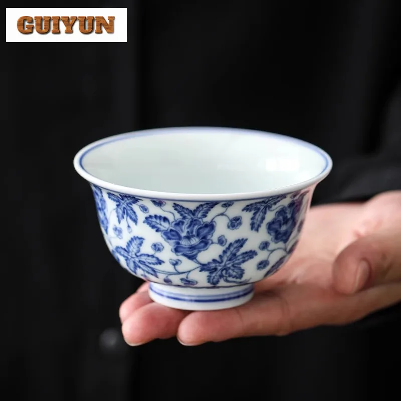 

125ml Blue And White Okra Tianxin Teacup Boutique Tea Bowl Tea Pair Tea-tasting Smelling Cup Chazhan Master Cups Drinkware Craft