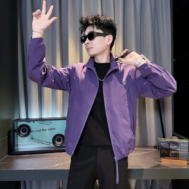 

Мужская приталенная фиолетовая куртка с воротником-стойкой для весны и осени, размер S, XS, код 55, модная корейская простая верхняя одежда