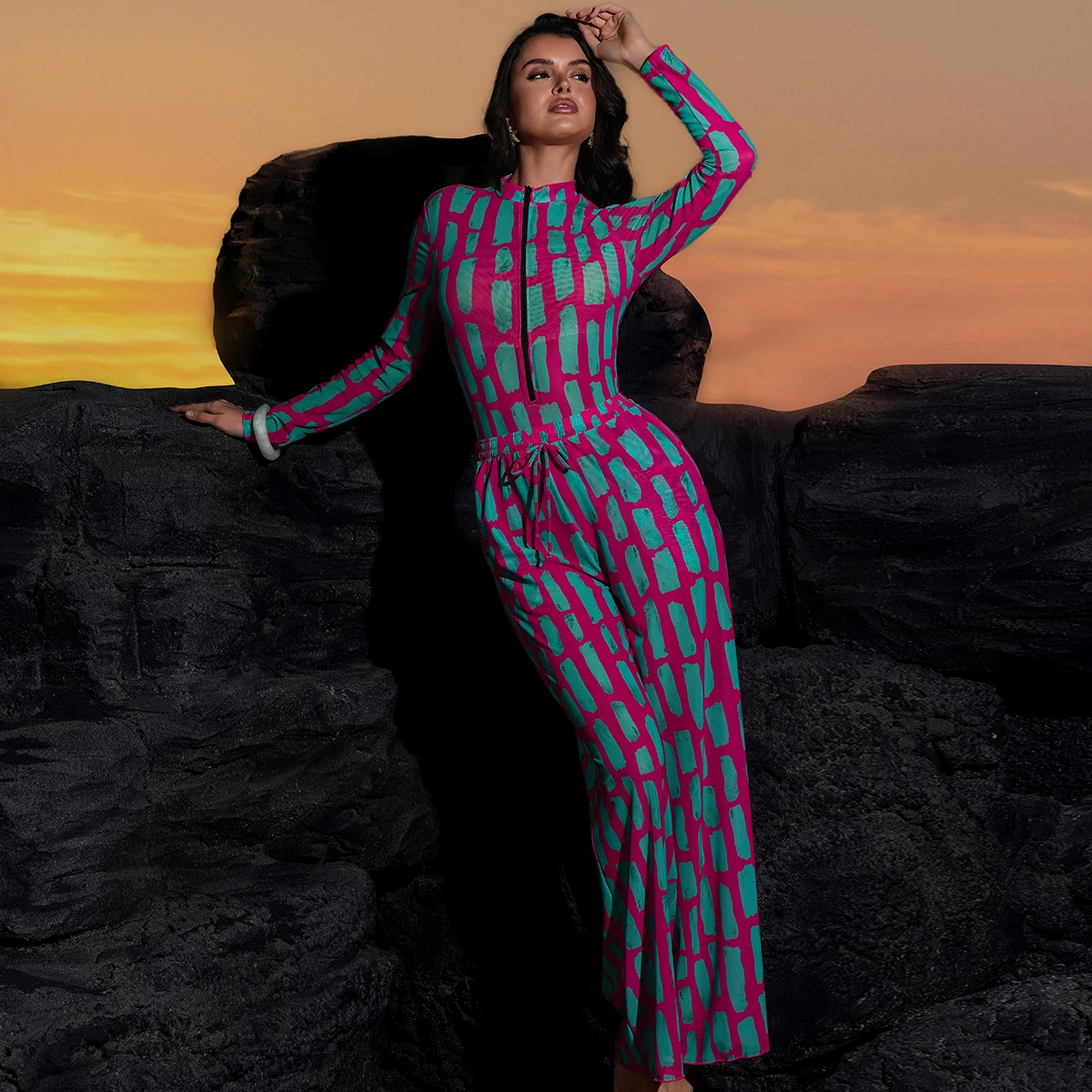 

Сексуальный сетчатый купальник 2026: Модный комплект из 2 предметов с высокой талией для серфинга, с эффектом утяжки живота, топ с длинным рукавом и длинные брюки-накидка