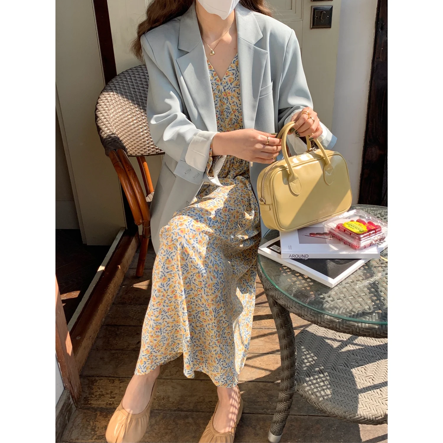 Miaohome Chongming Coast Koreaans Sle Blue damespak Jaet Faionable High-End Design Lente Seizoen Vrijetijdskleding