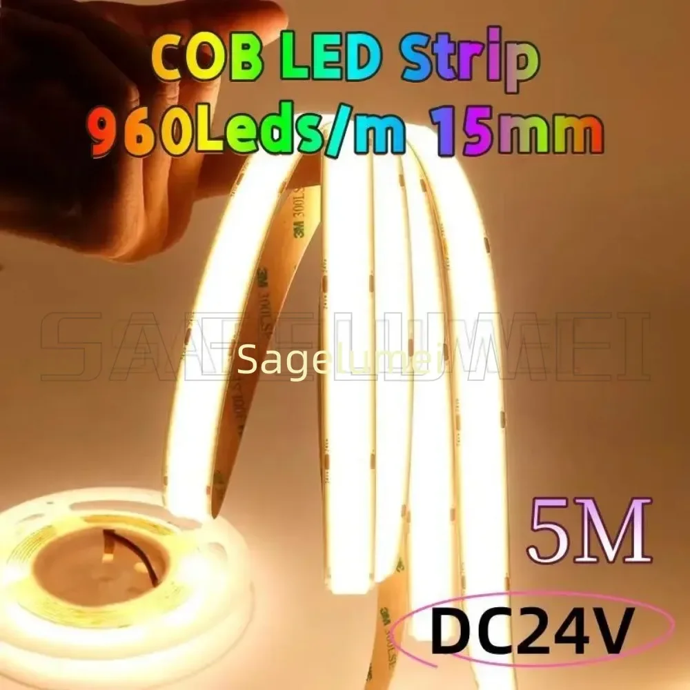 Super brilhante dc24v 5m 960leds/m cob led luz de tira super brilhante 3000/4000/6000k alta densidade flexível ra90 iluminação led tapee