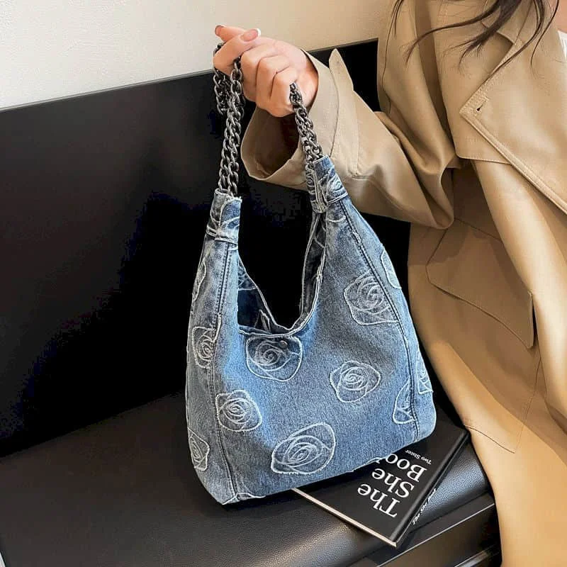 

Сумки на плечо для женщин, джинсовые сумки в корейском стиле, универсальный дизайн с цепочкой, школьные сумки большой вместимости, винтажные сумки-тоут