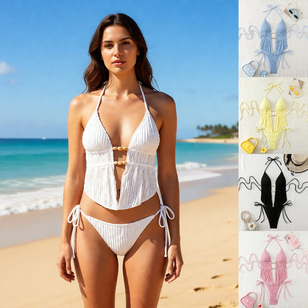 

Bathing Suit Women European And American Split Bikini Beaded Double Rope Tether Irregular Split Swimsuit Solid Color Sexy Bikini