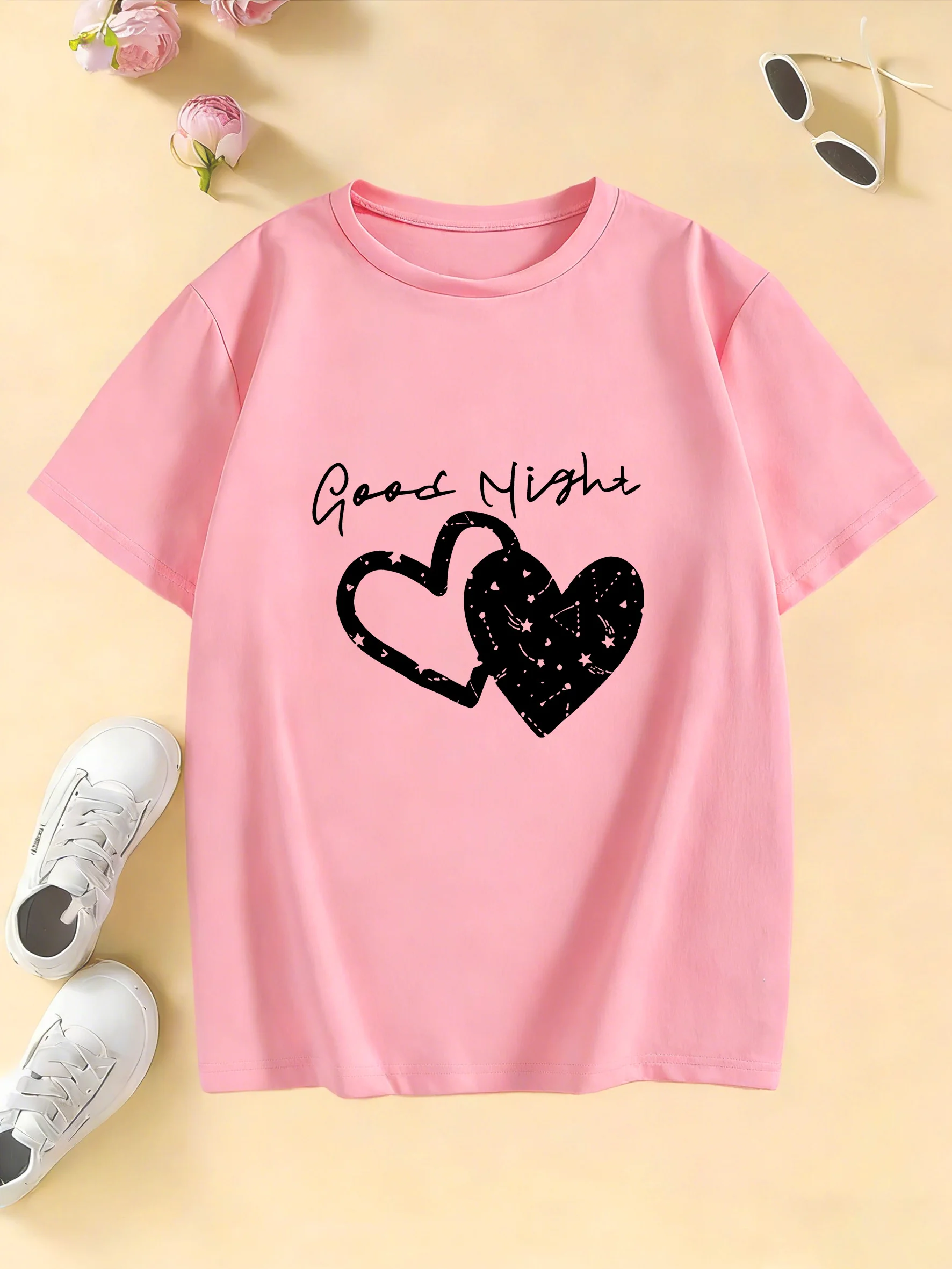 Good Night with Love Heart T Shirts Short Sleeve Kids Children's T-shirt Boys Girls Summer Spring Casual Top Tee Shirt