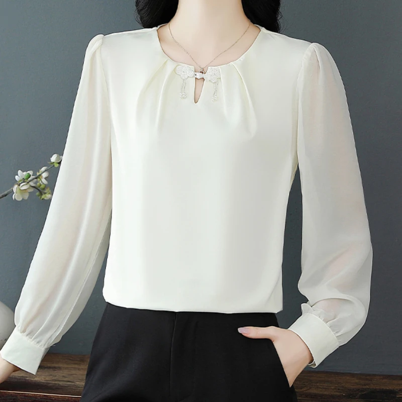 Satin Chiffon Blouses Long Sleeved Women's Shirts 2025 Spring and Autumn O-neck Ladies Tops Luxury Retro Blouse Female Clothing