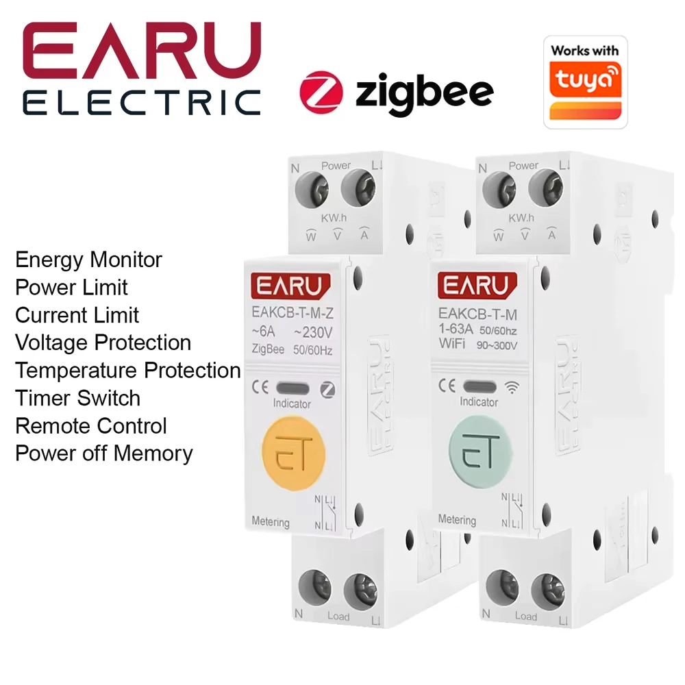 EARU Tuya ZigBee WiFi Smart Circuit Breaker 63A MCB Timer Relay Switch Energy Meter kWh Voltage Current Protector Remote Control