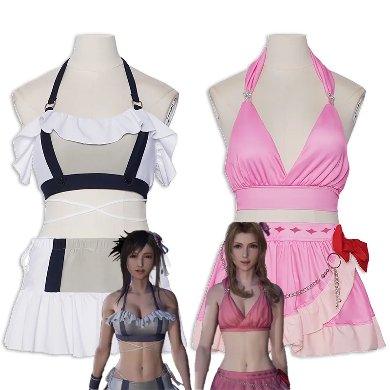 

Game FF7 Aerith Tifa Cosplay Costume Adult Women Swimsuit Cute Summer Lace Bow Skirt Headwear Swimwear Halloween Party Outfits