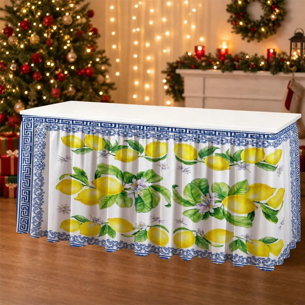 One party table skirt decoration: Lemon branch pattern with blue edging and ruffled border tablecloth