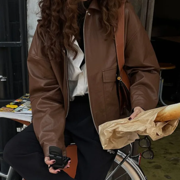 Femmes Chic polyvalent rétro Faion minceur Hong Kong Sle Long Sve PU moto Jaet cuir manteau vêtements d'extérieur