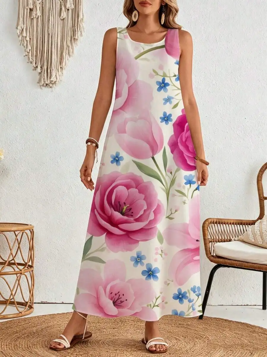 

Floral Print Sleeveless Maxi Dress White Pink Blue Summer Beach Vacation Wear