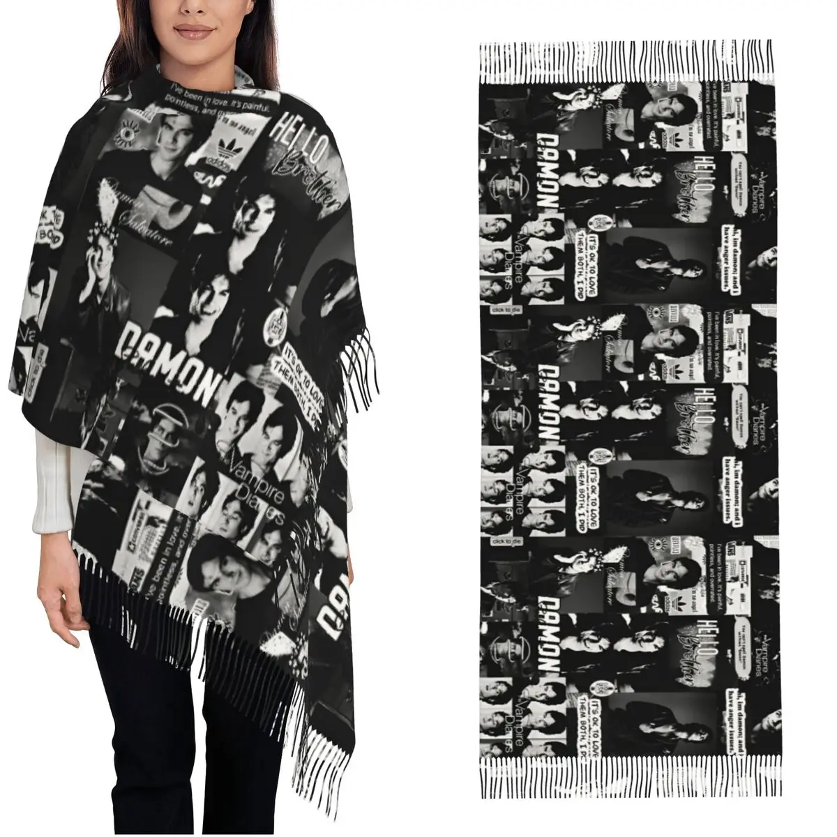 The Vampire Diaries Damon Salvatore Scarf for Womens Winter Fall Pashmina Shawls and Wrap TV Series Large Scarves with Tassel