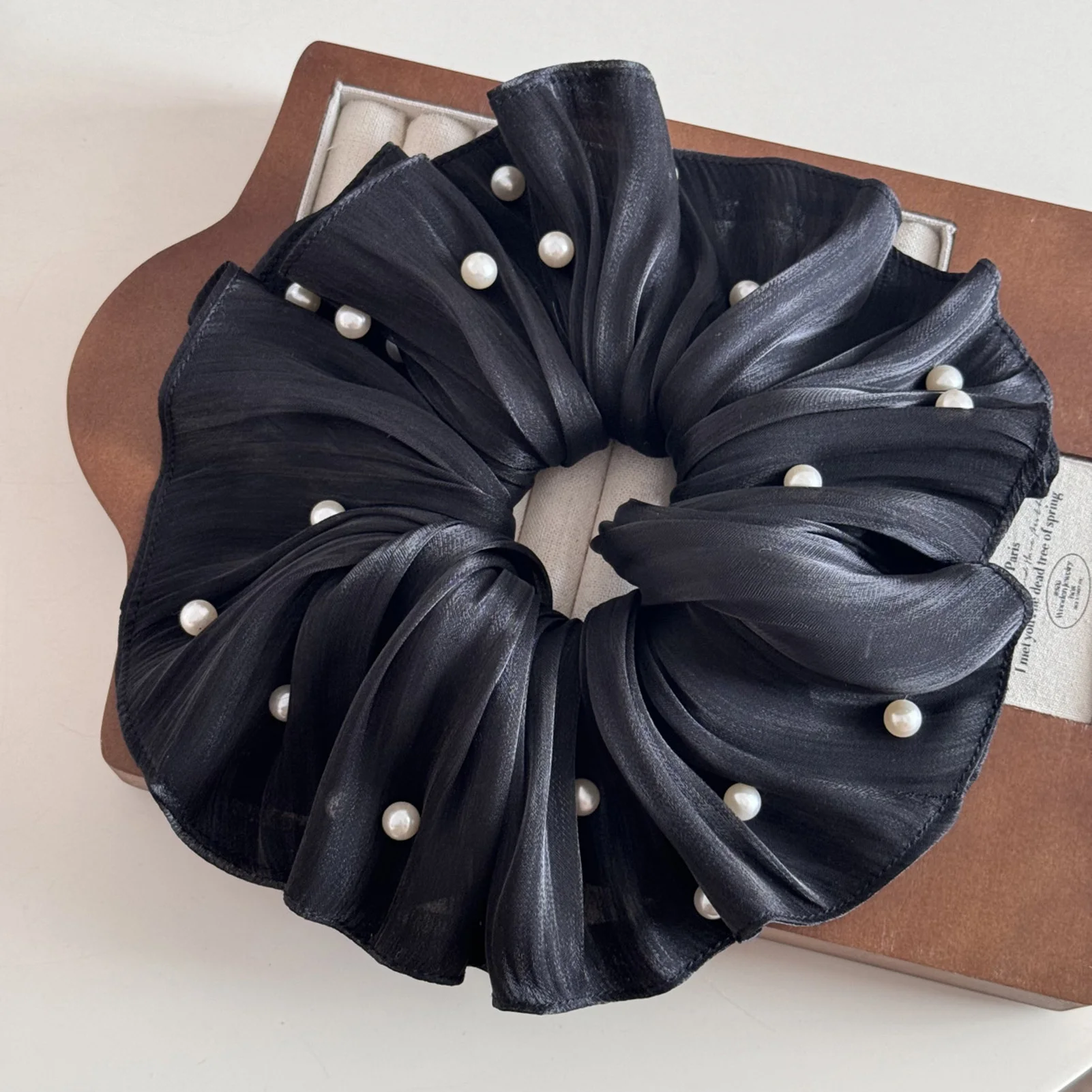 French Pleated Hair Scrunchies High-end Fairy Imitation Pearl Mesh Headband Ponytail Holder Elastic Hait Tie Floral Hair Rope