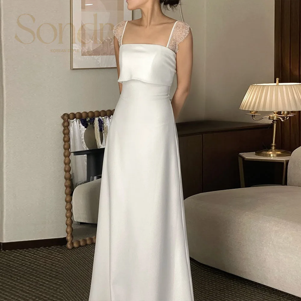 

Sondr Simple Korean Wedding Dresses with Lace Shoulder Straps Elegant Customized Floor-Length Reception Gown Wedding Photo Shoot