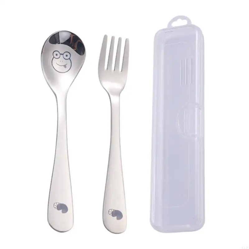 

W3JF Children Self-Feeding Kitchen Utensil Toddler Cutlery Solid Spoon Fork Cartoon Print Kids Eating Feeding Supplies