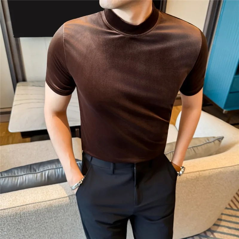 Men Short Sleeved Velvet T-shirt 2026 Summer Light Thin High Elasticity Solid Casual Half High Neck T-shirt Fashion Men Clothing