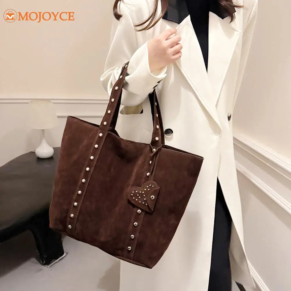 2025 Vintage Suede Women's Shoulder Bags Large Capacity Tote Bags with Rivet Magnetic Closure Handbag Solid Casual Underarm Bags