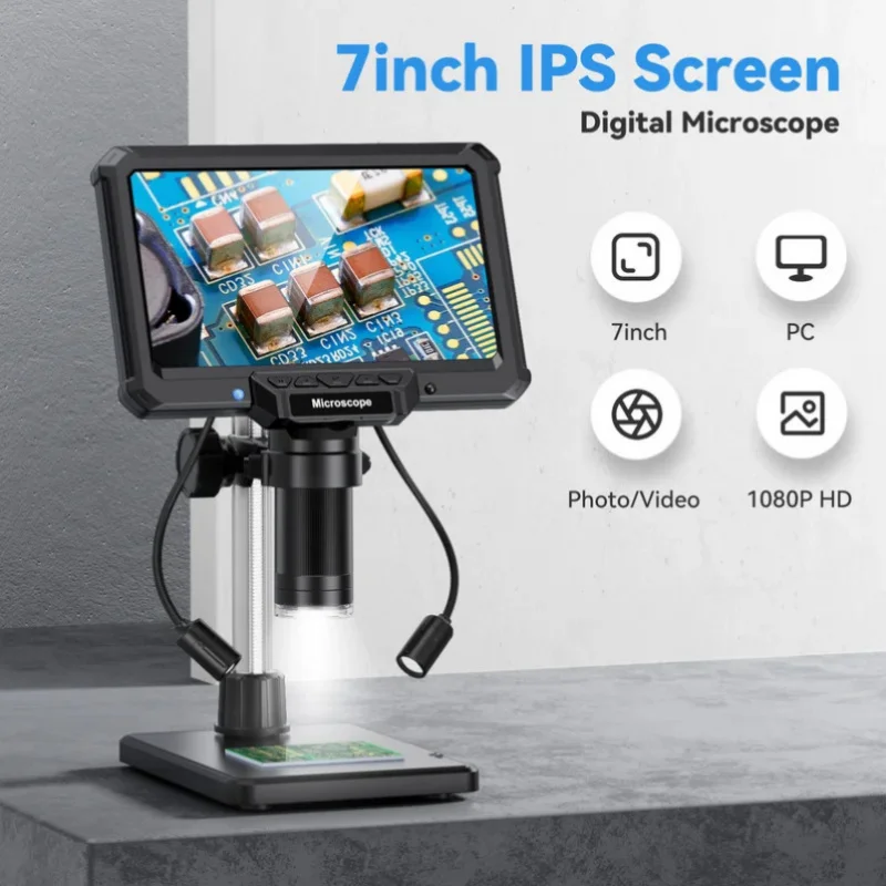 

7inch Digital Microscope 1200X Magnification for Coin PCB Circuit Repair 16MP HD Soldering Microscope with Lights, PC View