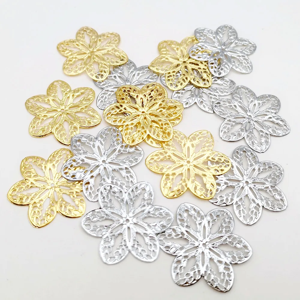 20/100pcs 33mm/45mm Gold color/White K Metal Filigree Flowers Slice Charms base Setting Jewelry DIY Hair Making Home Decoration