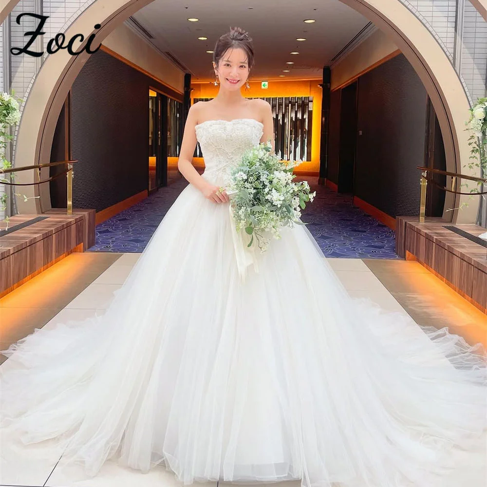 

Zoci Japan Strapless Tulle Wedding Dresses Luxury Beading Chapel Train Bridal Gown Lace-Up Customized Wedding Dresses