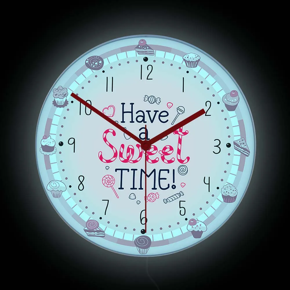 Dessert Cake Luminous Printed Wall Clock For Bakery Have A Sweet Time Sweetmeats Theme Kitchen Decor Lamp LED Nightlight Watch