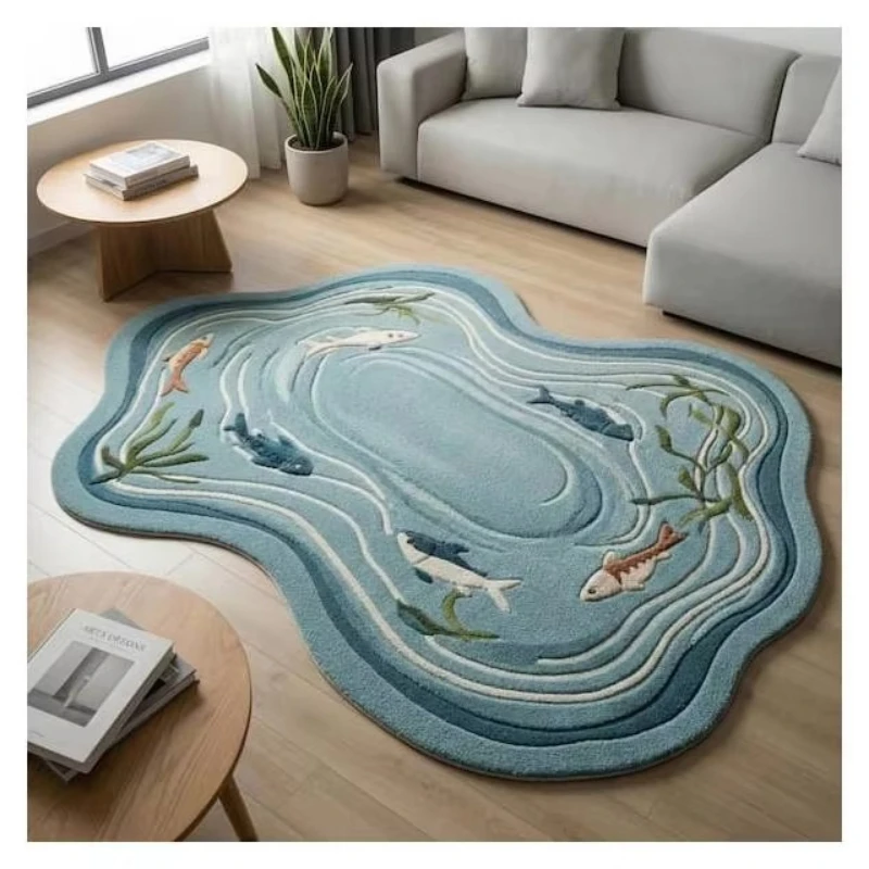 Ocean fish-shaped abstract tufted wool carpet 3D relief soft non-slip living room carpet, suitable for children's room