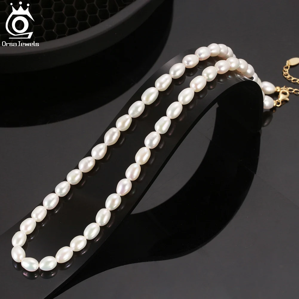 

ORSA JEWELS Elegant Silver 925 Jewelry Classic Temperament Wedding Necklace 8mm Freshwater Pearl Choker Chain for Women Gift